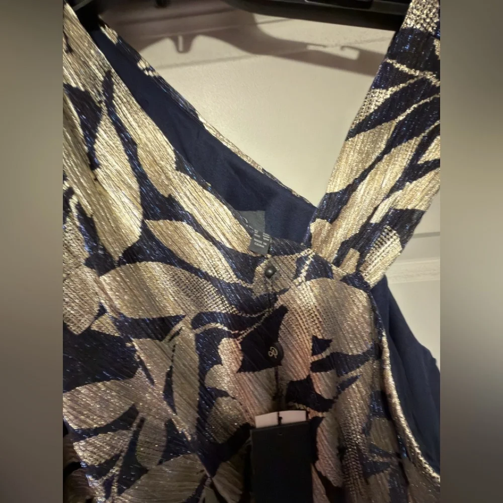 Adrianna Papell Navy and Gold Foil Asymmetric Gown - Picture 3 of 4